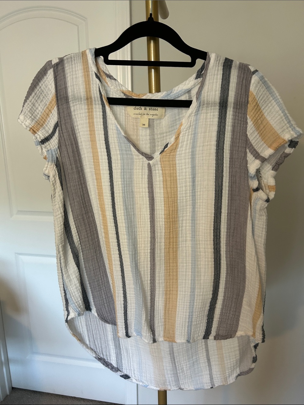 cloth & stone Striped Gauze V-Neck Blouse in White, Gray, and Mustard